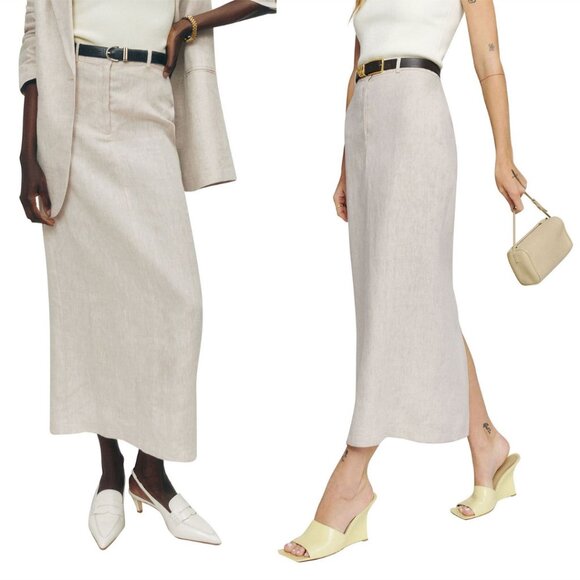 Reformation Gia Midi Skirt In Cream Linen Pencil Cut - Picture 1 of 7